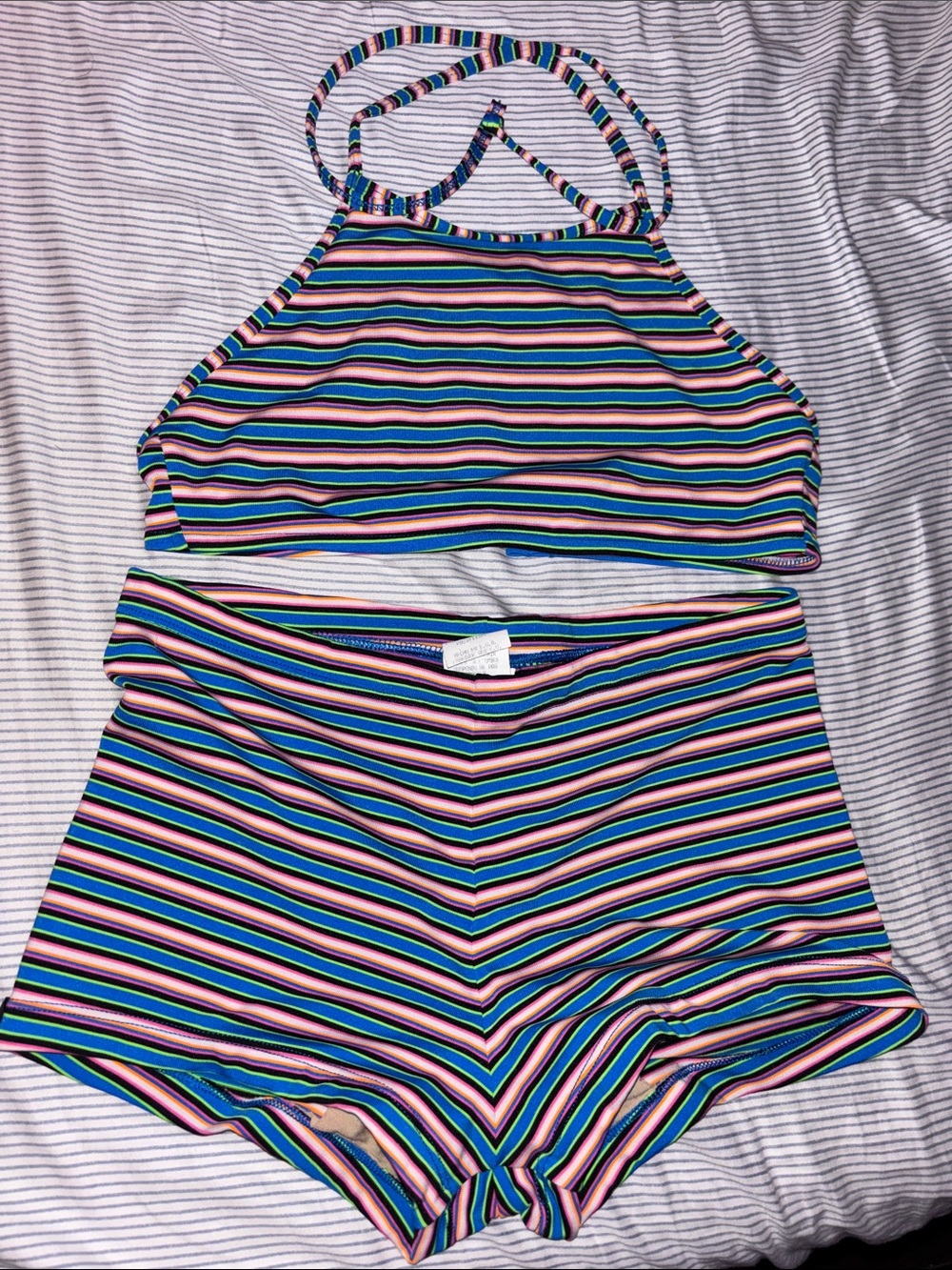 M Vintage 90s Striped Two-Piece Swim Set in Pink, Blue, Green, Black